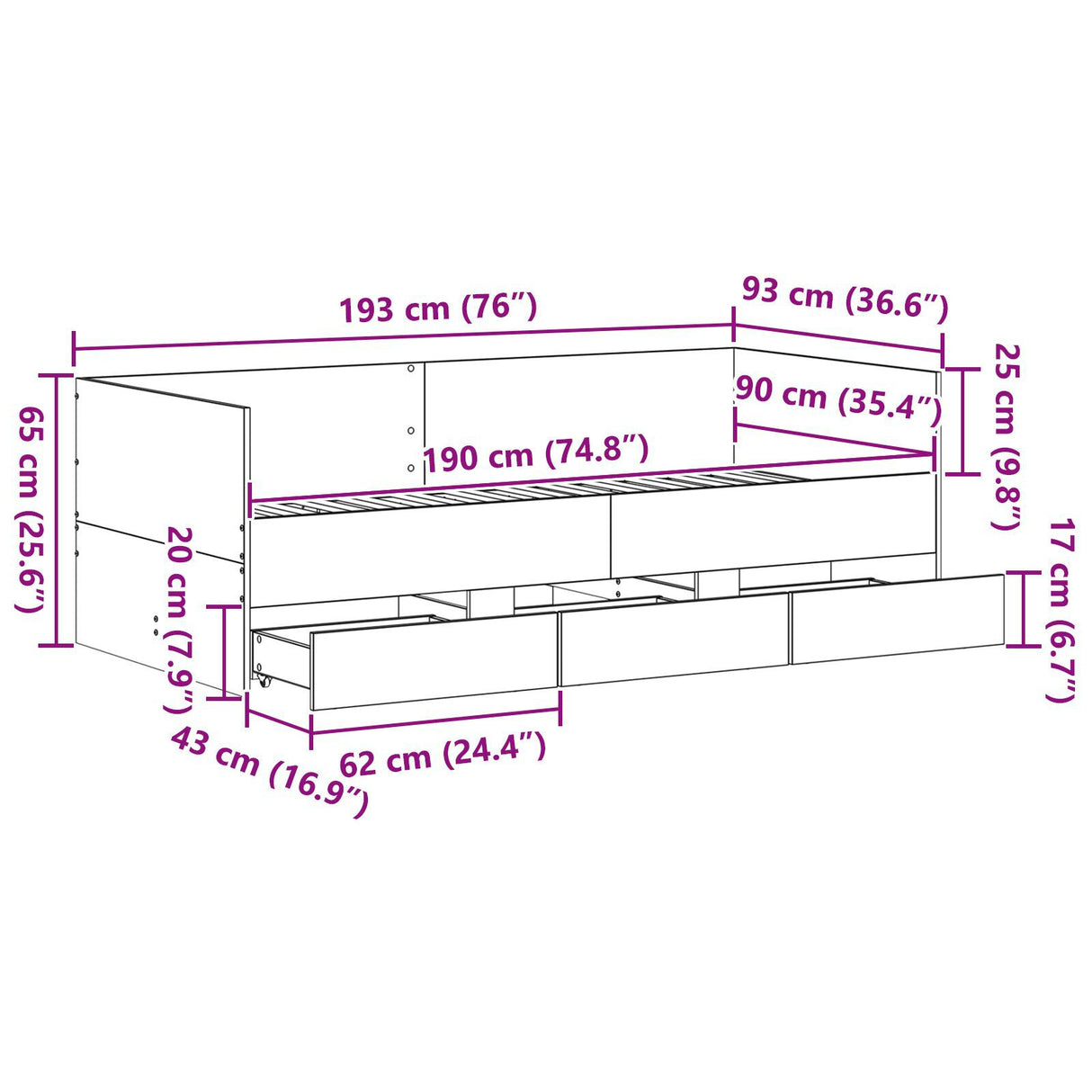 Daybed Black Oak Engineered Wood 90 X 190 Cm Durable Daybed
