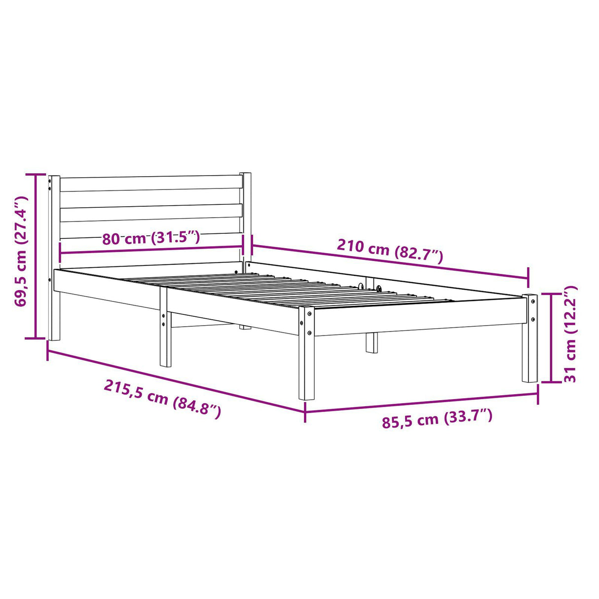 Bed Frame With Headboard White 80X210 Cm Solid Wood Pine