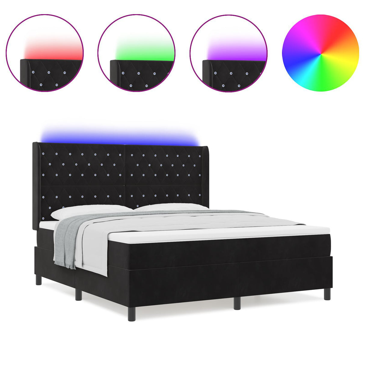 Box Spring Bed With Mattress & Led Black 180X200 Cm Velvet
