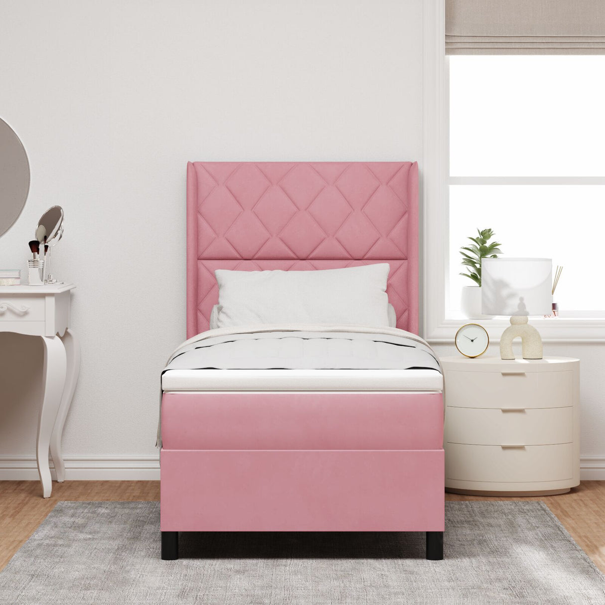 Box Spring Bed With Mattress & Led Pink 90X190 Cm Velvet