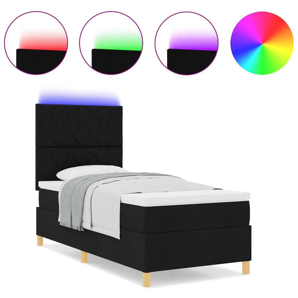 Box Spring Bed With Mattress & Led Black 90X200 Cm Fabric