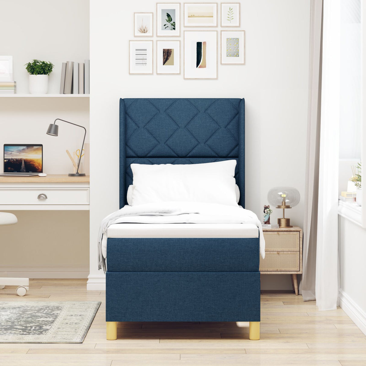 Box Spring Bed With Mattress & Led Blue 80X200 Cm Fabric