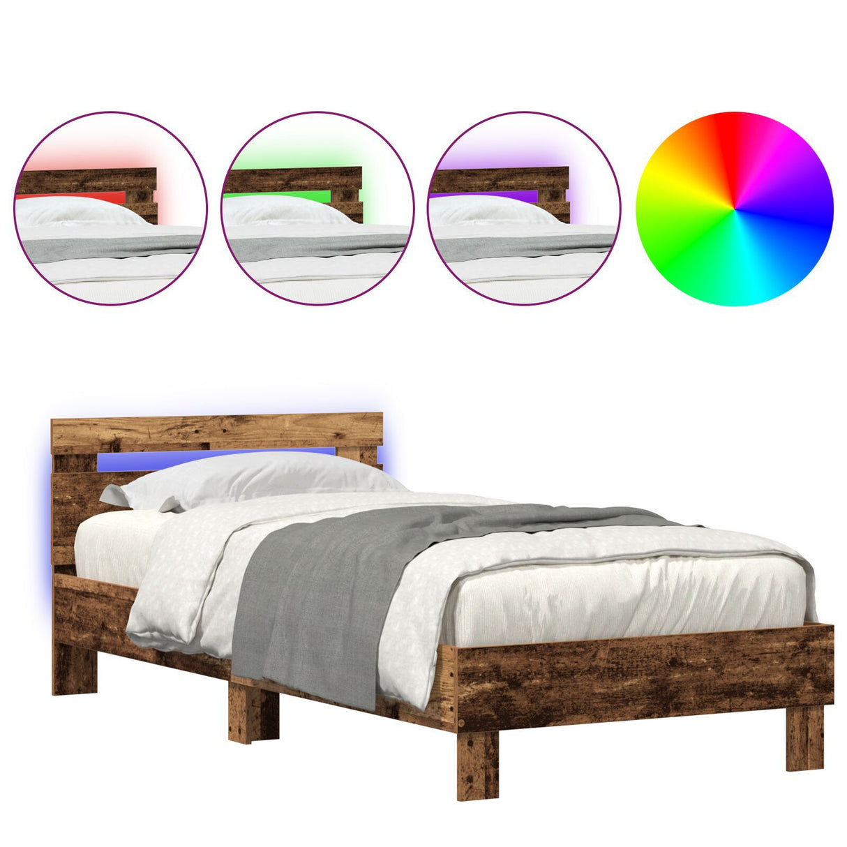 Bed Frame With Led Lights Old Wood 75X190 Cm Engineered Wood