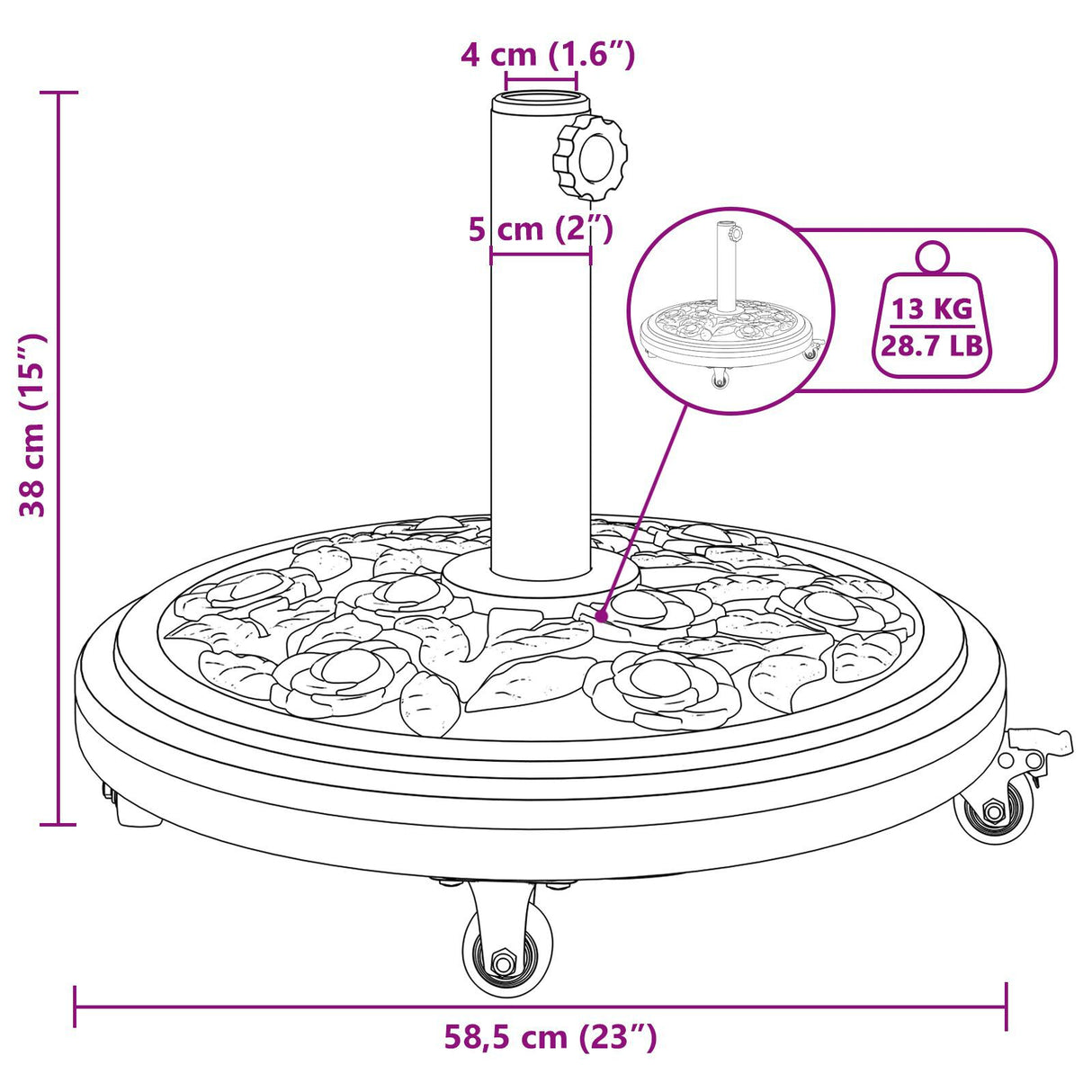 Parasol Base With Wheels For Ø38-48 Mm Poles 13 Kg Round