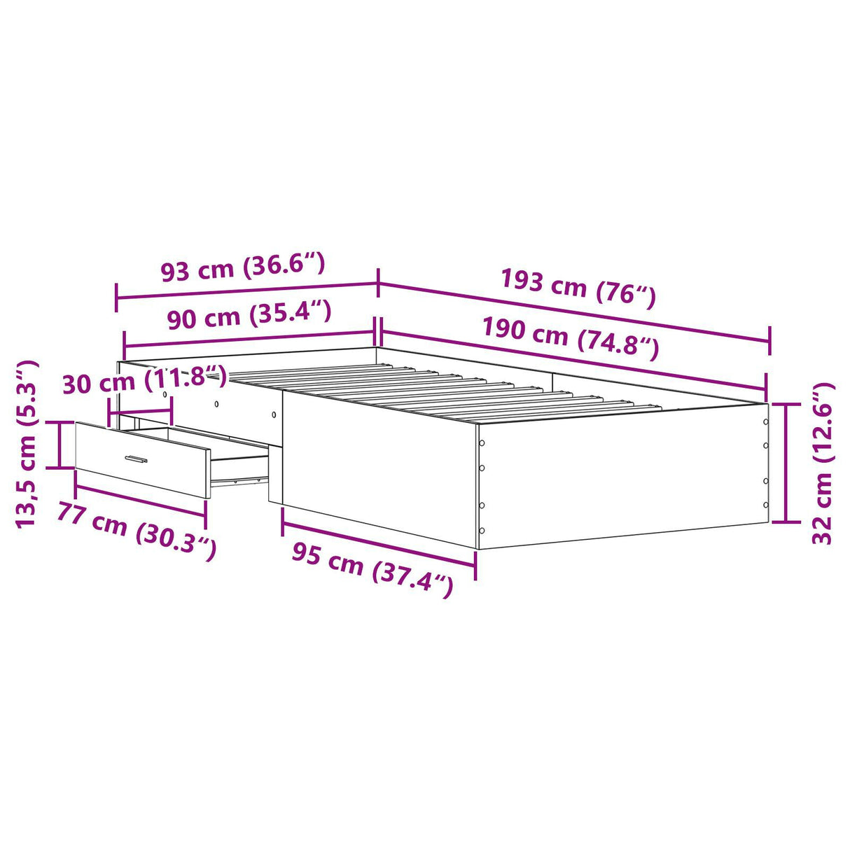 Bed Frame Artisan Oak 90X190 Cm Engineered Wood