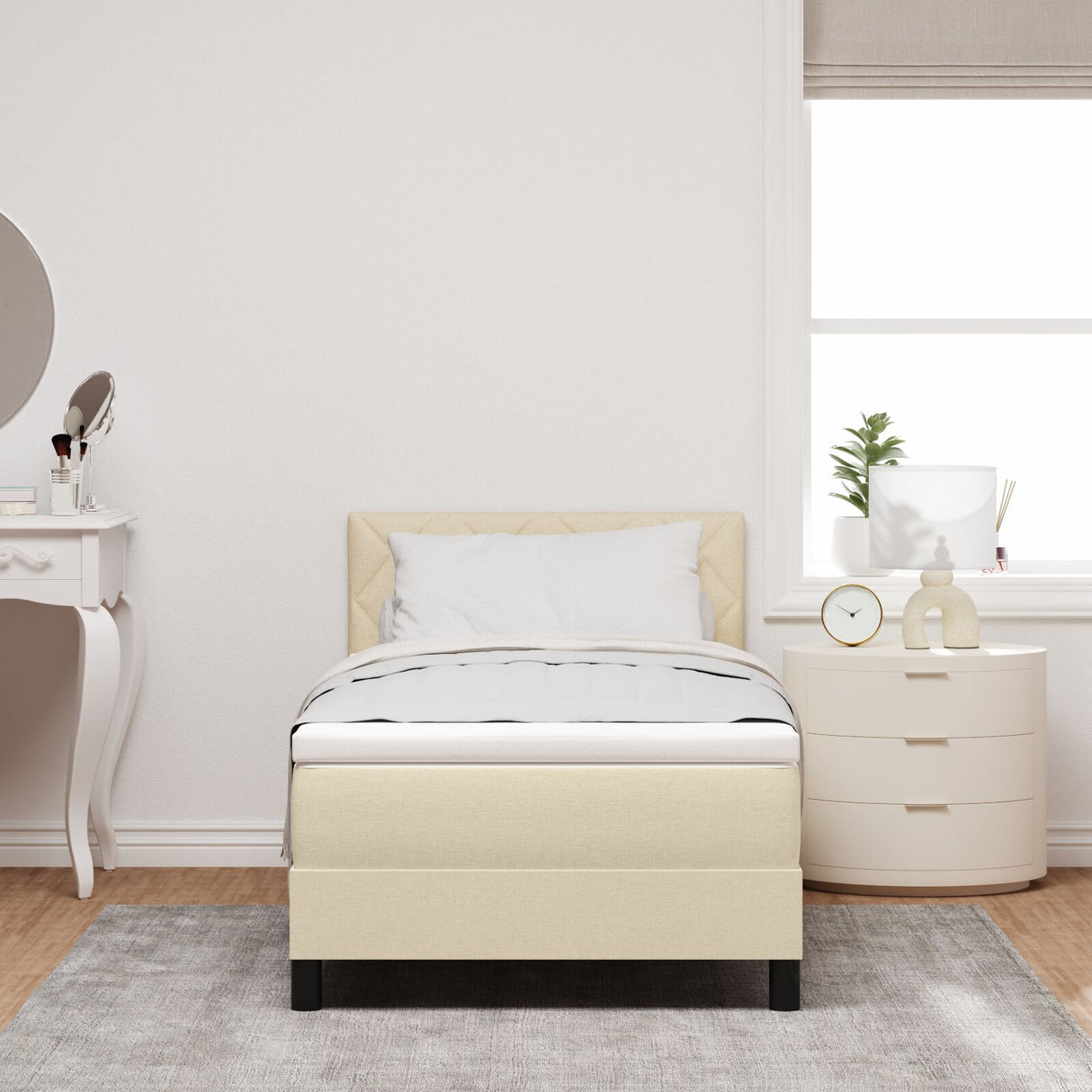 Box Spring Bed With Mattress & Led Cream 100X200 Cm Fabric