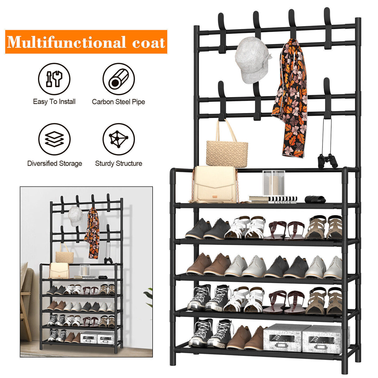 Metal Coat Rack with Shoe Storage - 8 Hooks, 5-Tier Shelf, Modern Hallway Organizer