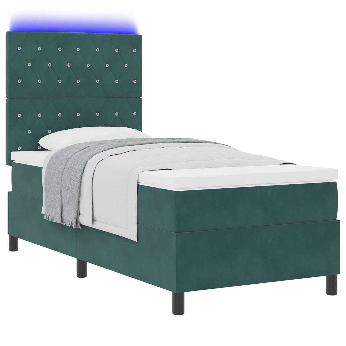 Box Spring Bed With Mattress & Led Dark Green 90X190 Cm Velvet