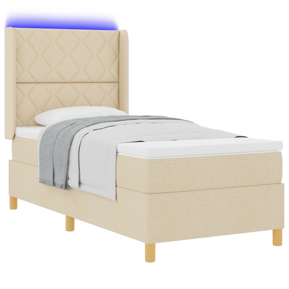 Box Spring Bed With Mattress & Led Cream 90X200 Cm Fabric