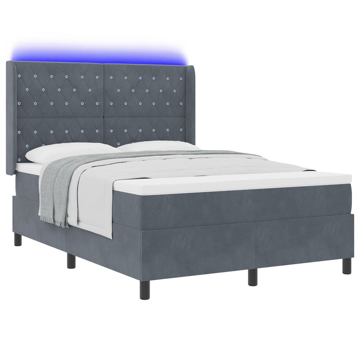 Box Spring Bed With Mattress & Led Dark Grey 140X190 Cm Velvet