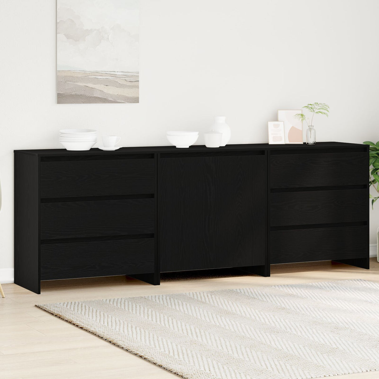 3-Piece Sideboards In Black Oak Engineered Wood