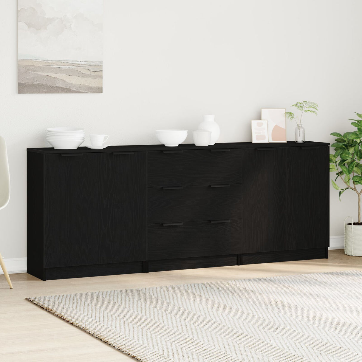 3 Piece Sideboards Black Oak Engineered Wood