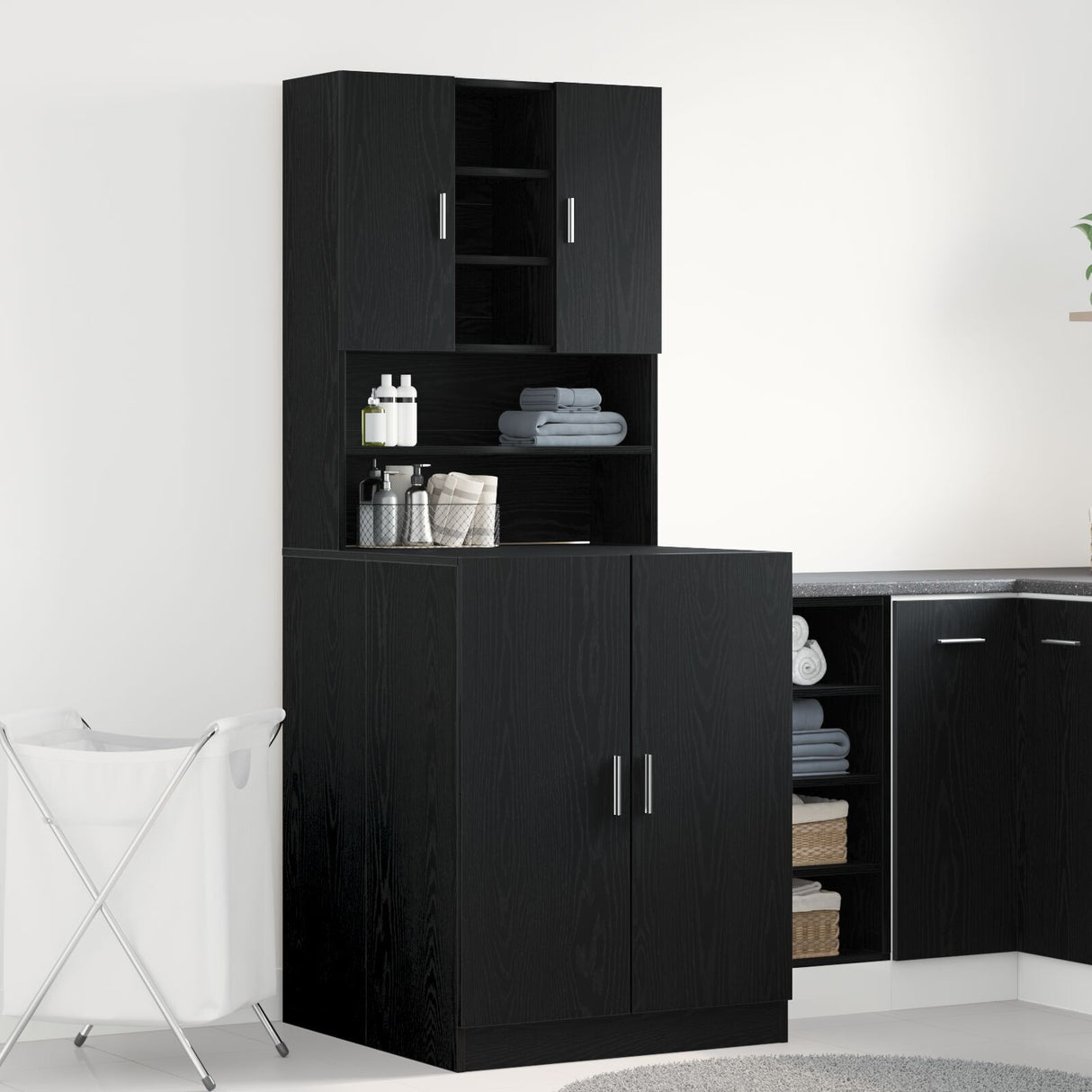 Washing Machine Cabinets 2 Pcs Black Oak 70.5X71.5X181.5 Cm Engineered Wood, Washing Machine Cabinet - Black Oak - 70.5X71.5X91.5 Cm - Made Of Engineered Wood