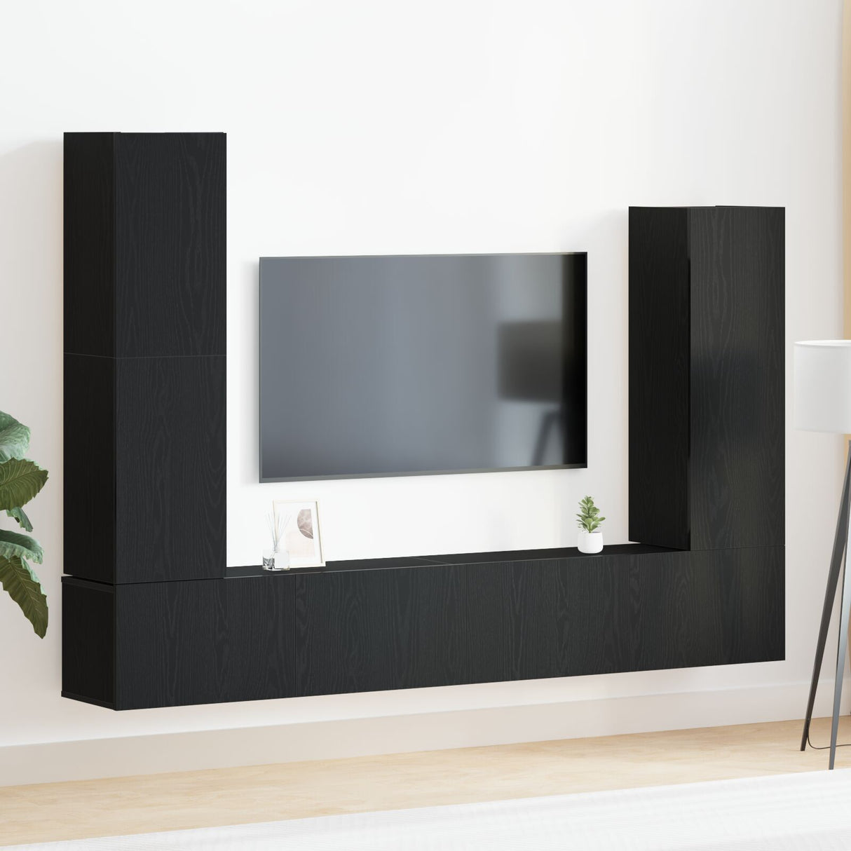 4 Piece Tv Cabinet Set Wall-Mounted Black Oak Engineered Wood