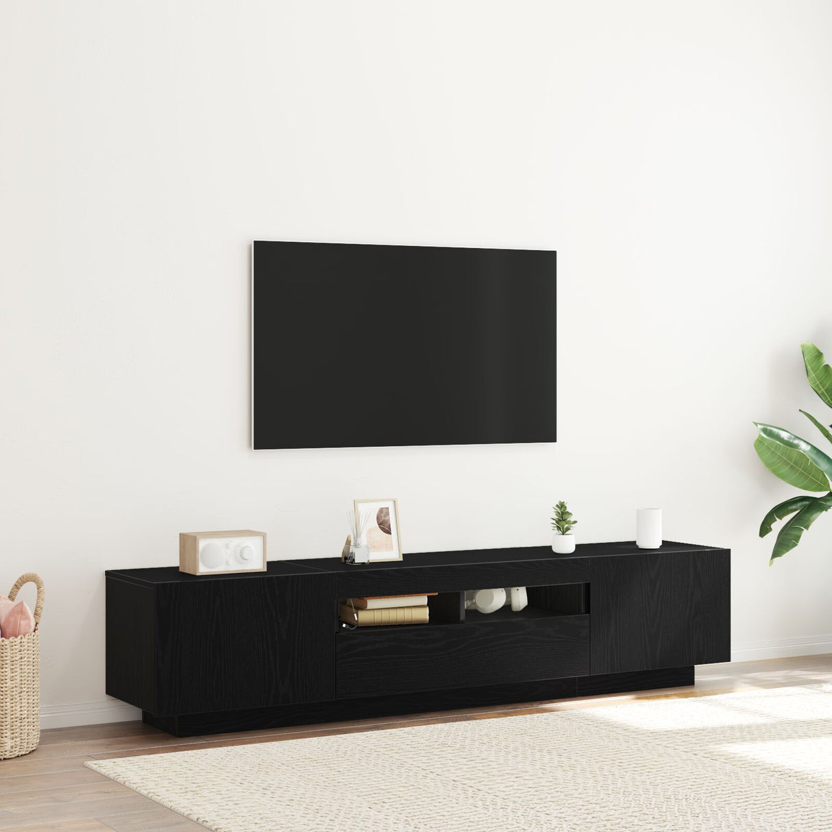 Tv Cabinet With Led Lights In Black Oak - 180X35X40 Cm, Made Of Engineered Wood