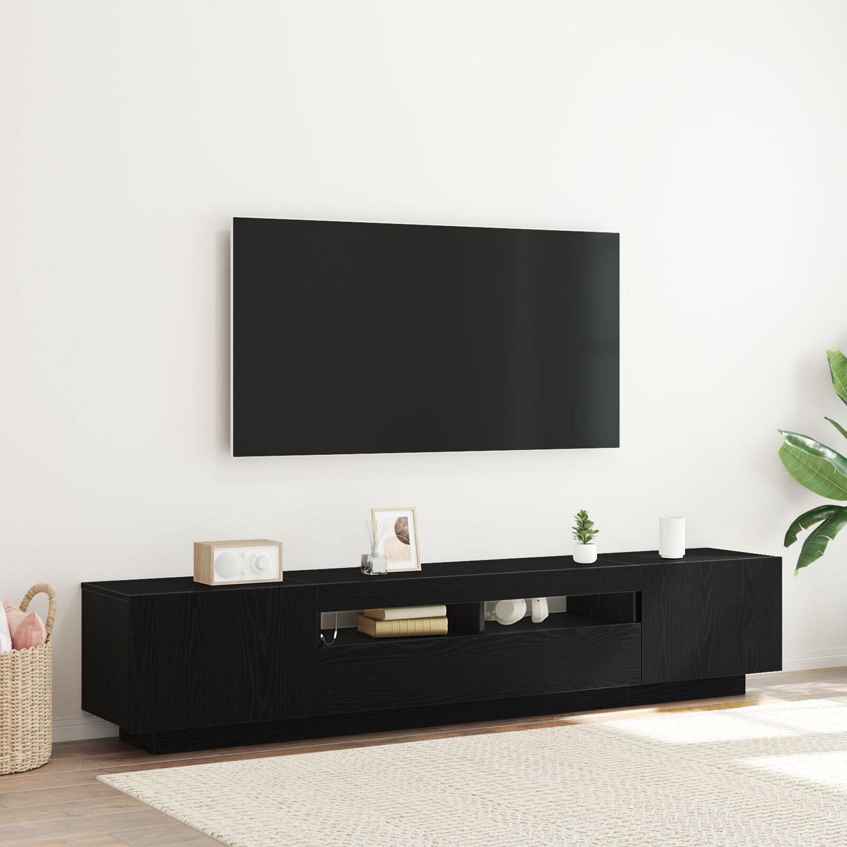 Tv Cabinet With Led Lights - Black Oak - 200 X 35 X 40 Cm - Engineered Wood