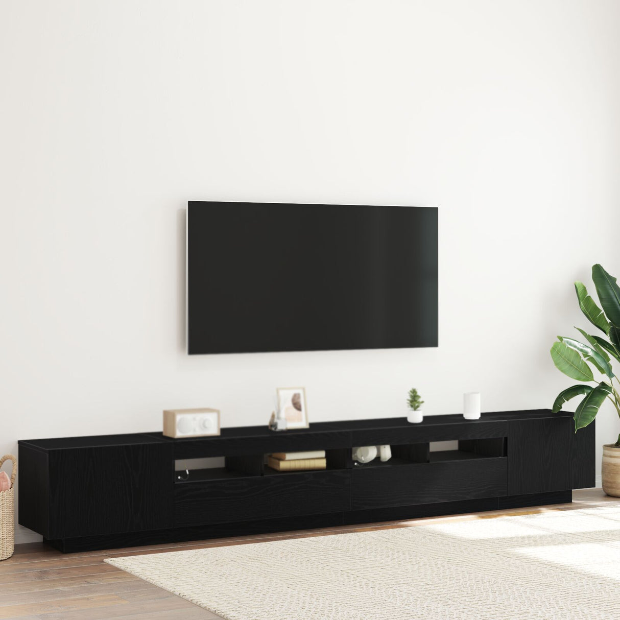 Tv Stand With Led Lights - Black Oak, 260X35X40 Cm, Made Of Engineered Wood