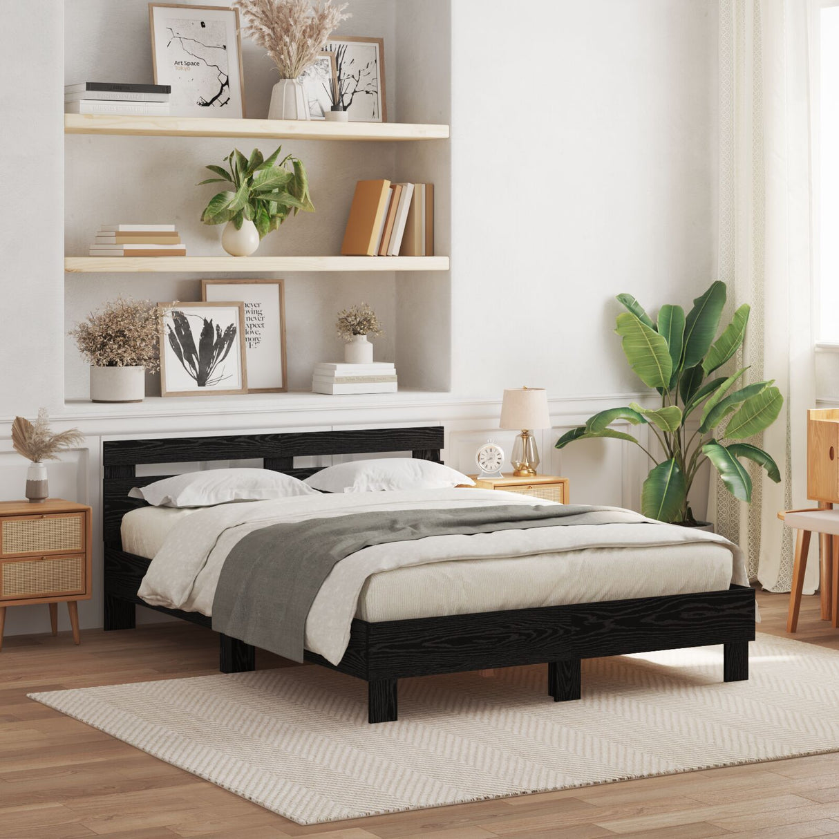 Black Bed Frame Black Oak Wood 140 X 190 Cm Durable