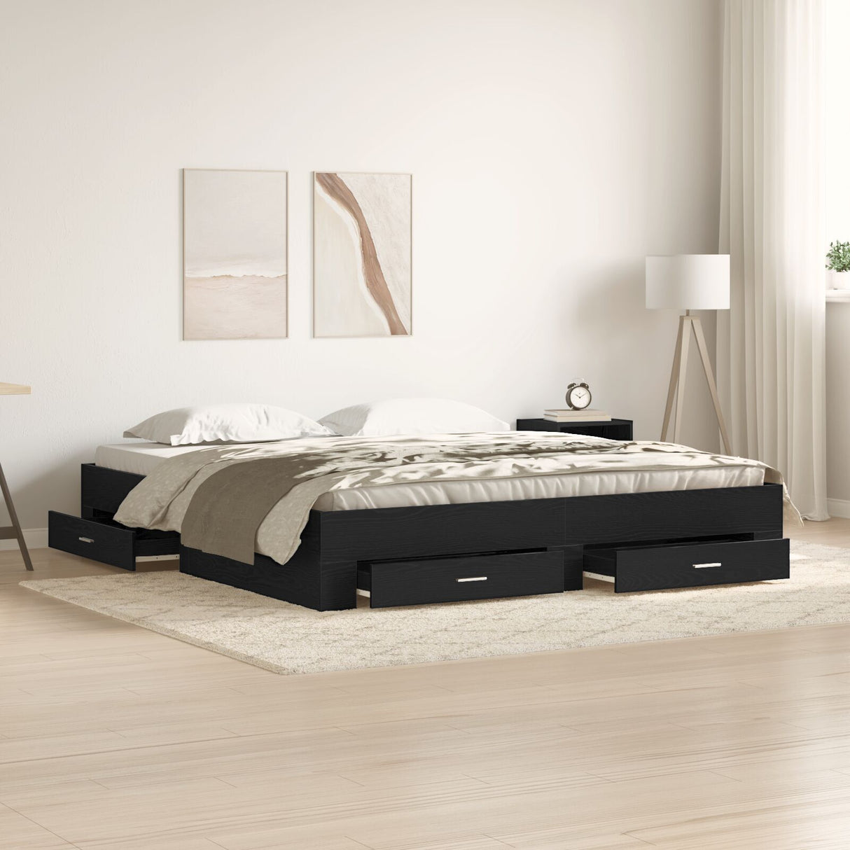 Bed Frame With Drawers Black Oak 180X200 Cm Engineered Wood