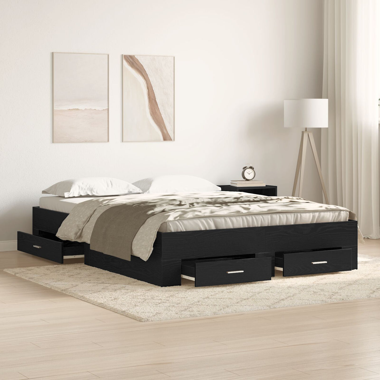 Bed Frame With Drawers Black Oak Engineered Wood 140 X 200 Cm