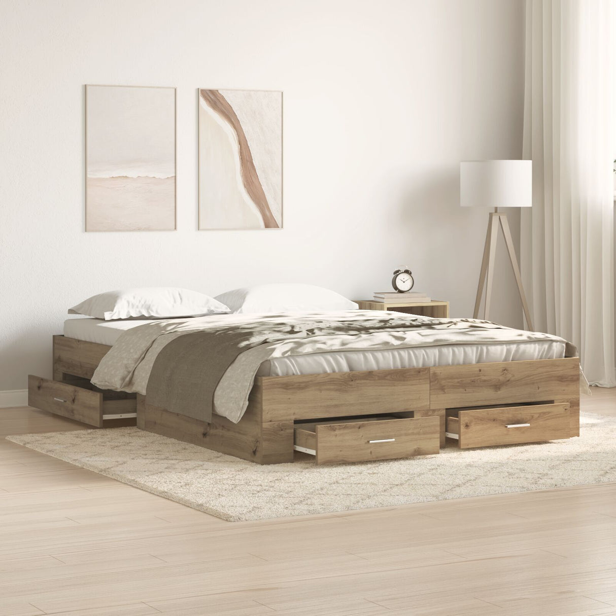 Bed Frame With Drawers Artisan Oak Engineered Wood 140 X 190 Cm