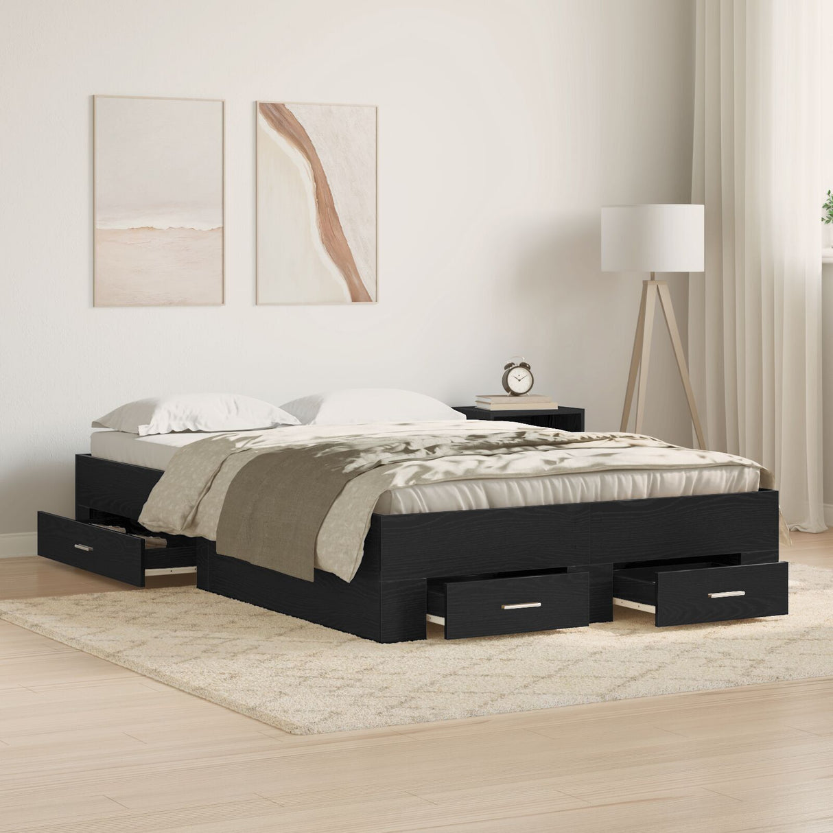 Bed Frame With Drawers Black Oak 120X190 Cm Engineered Wood