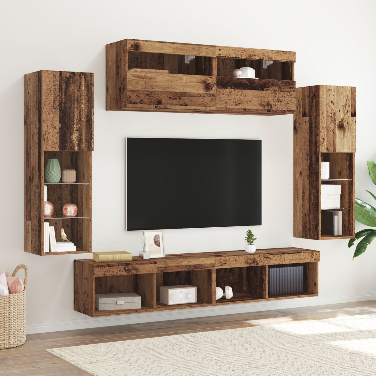 8 Piece Tv Wall Units With Led Old Wood Engineered Wood