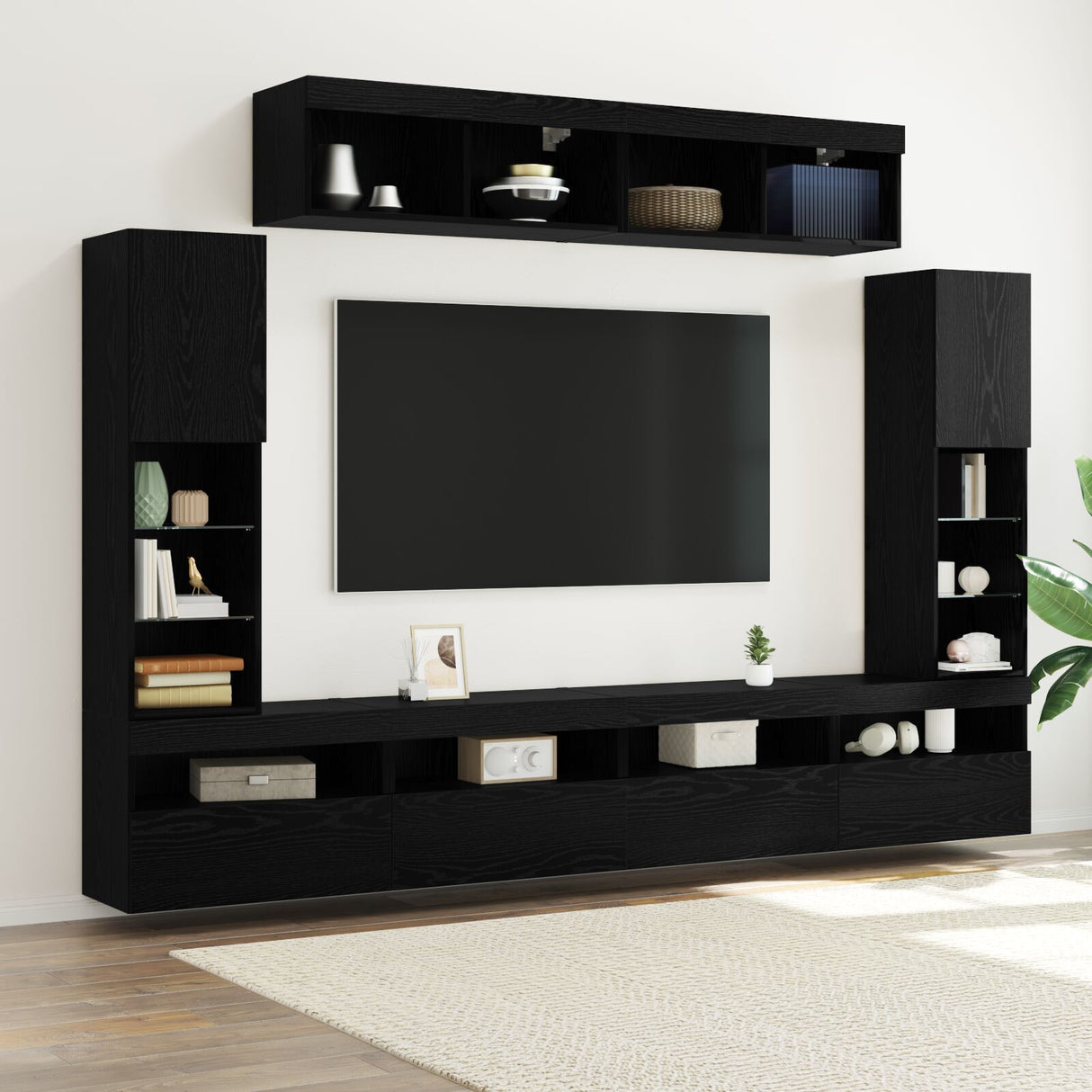 8 Piece Tv Wall Units With Led Black Oak Engineered Wood