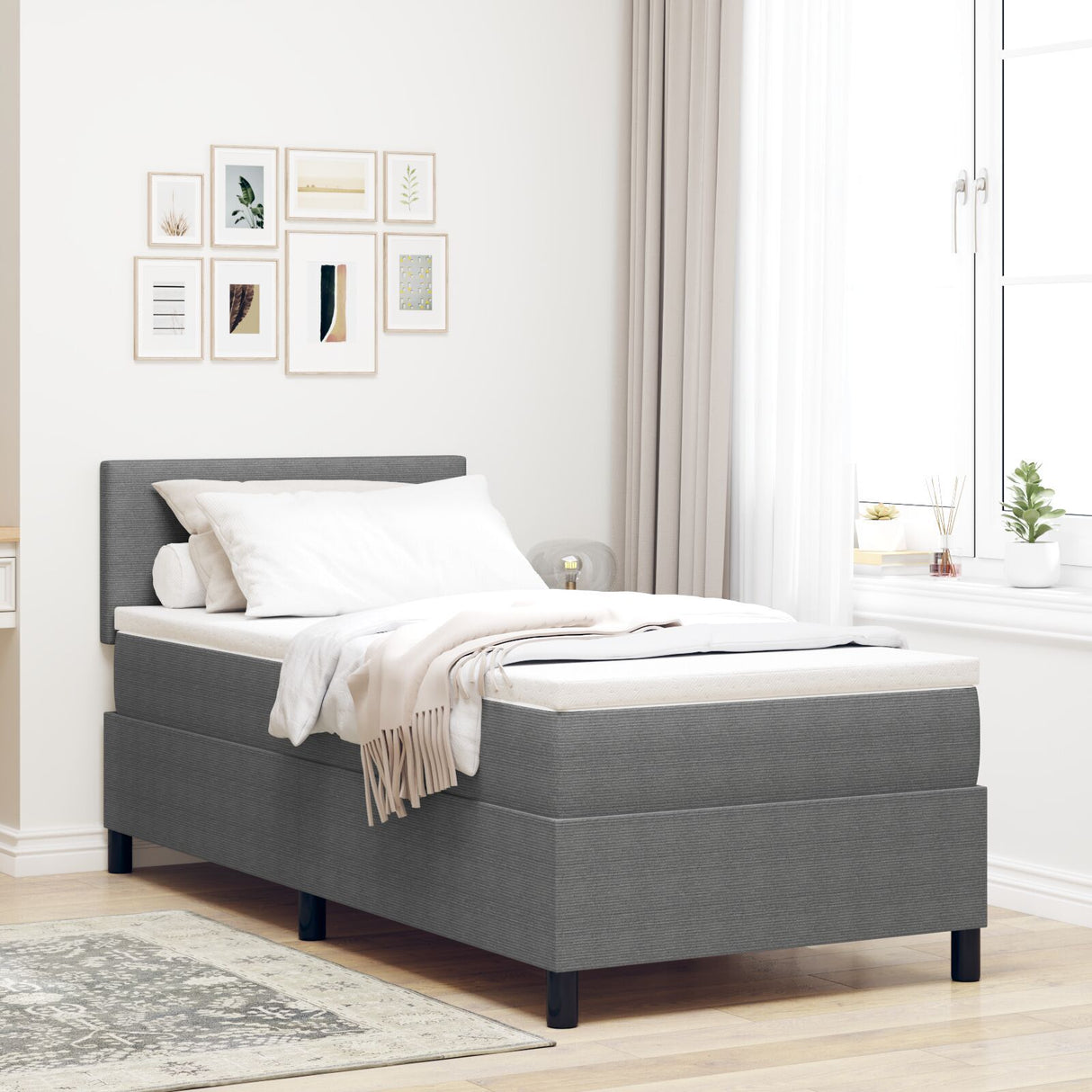 Box Spring Bed With Mattress & Led Light Grey 90X200 Cm Corduroy Fabric