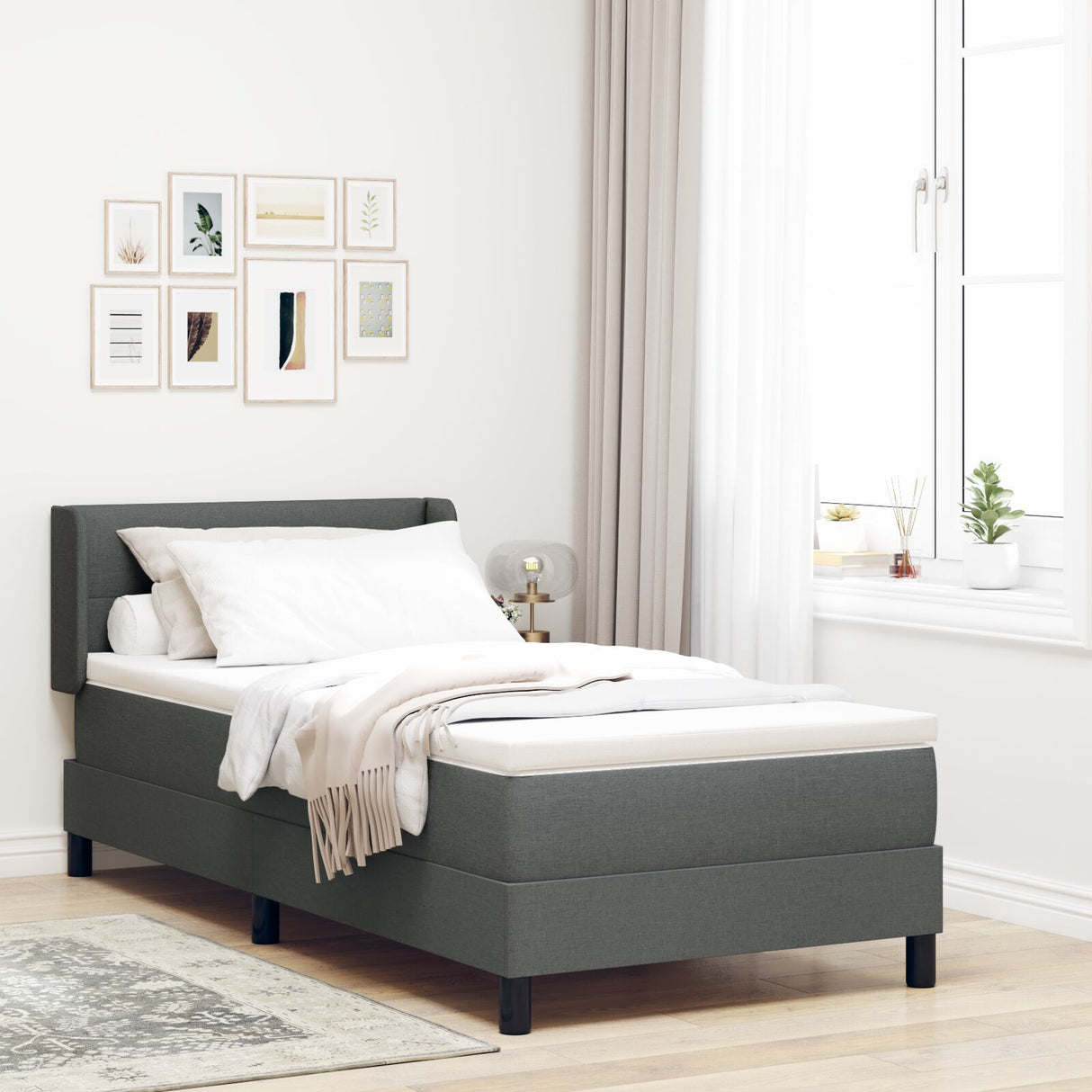 Box Spring Bed With Mattress Dark Grey 80X200 Cm Fabric, Headboard Button Tufted Dark Grey 80 Cm Fabric