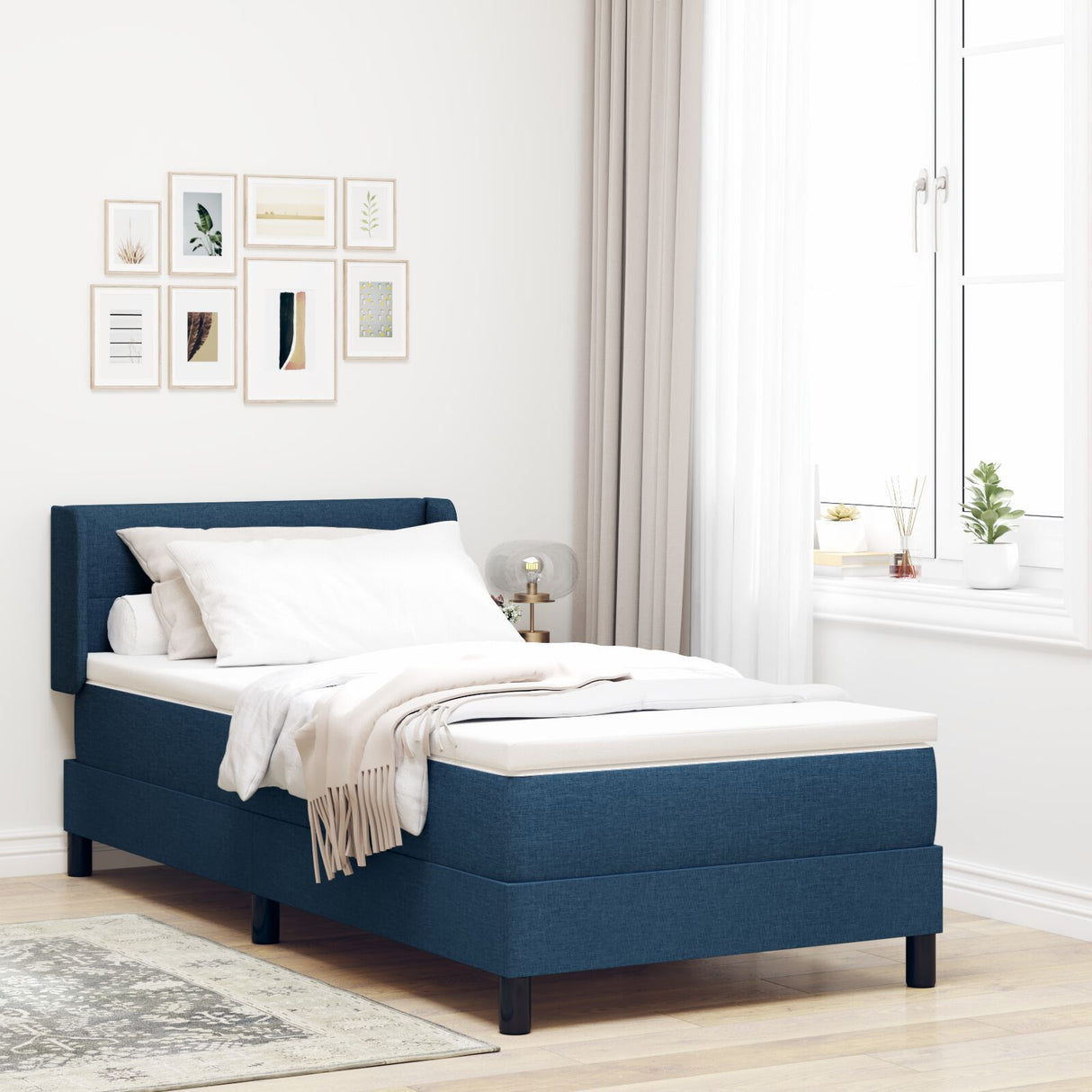 Box Spring Bed With Mattress Blue 90X190 Cm Fabric, Headboard Button Tufted Blue 90 Cm Fabric
