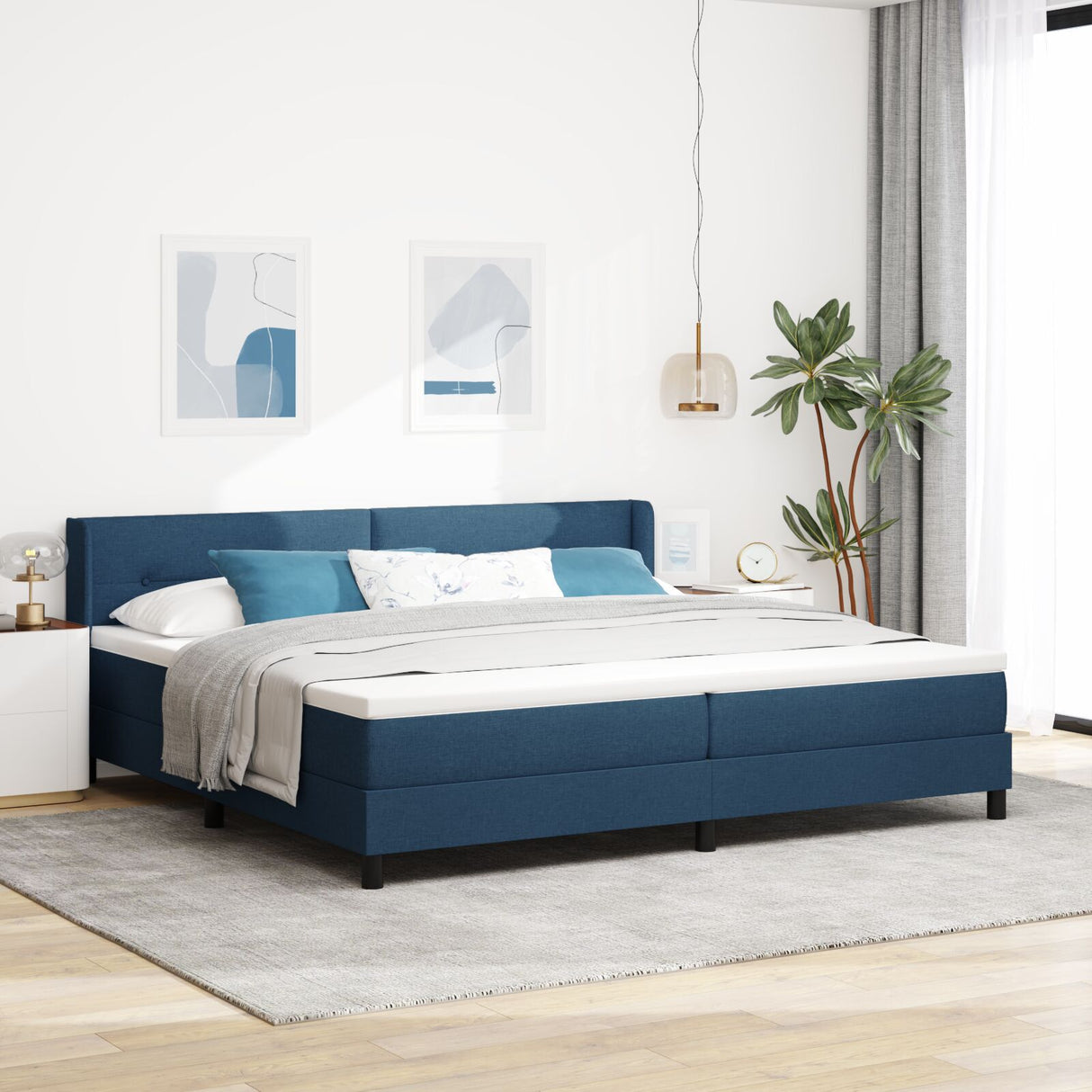 Box Spring Bed With Mattress Blue 200X200 Cm Fabric, Headboard Button Tufted Blue 200 Cm Fabric