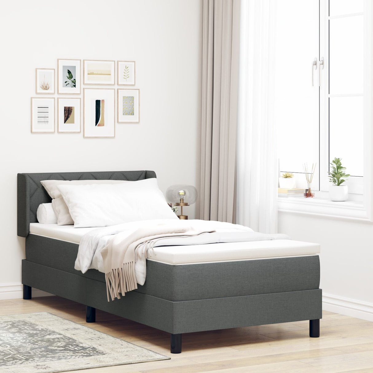 Box Spring Bed With Mattress Dark Grey 90X190 Cm Fabric, Headboard Diamond Blocks Design Dark Grey 90 Cm Fabric