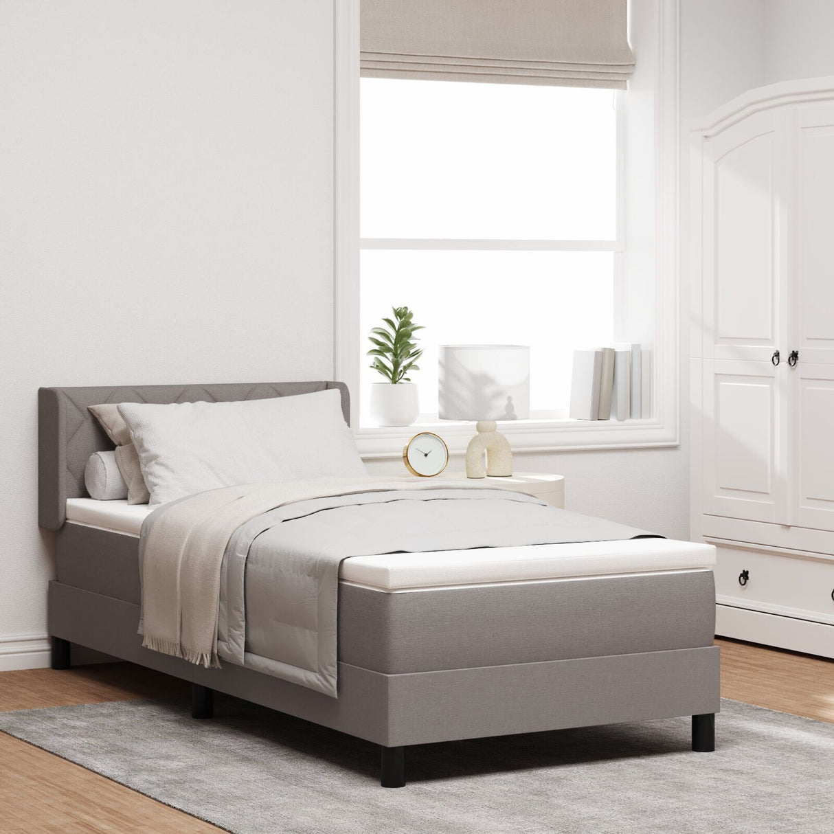 Box Spring Bed With Mattress Taupe 90X200 Cm Fabric, Headboard Diamond Blocks Design Taupe 90 Cm Fabric