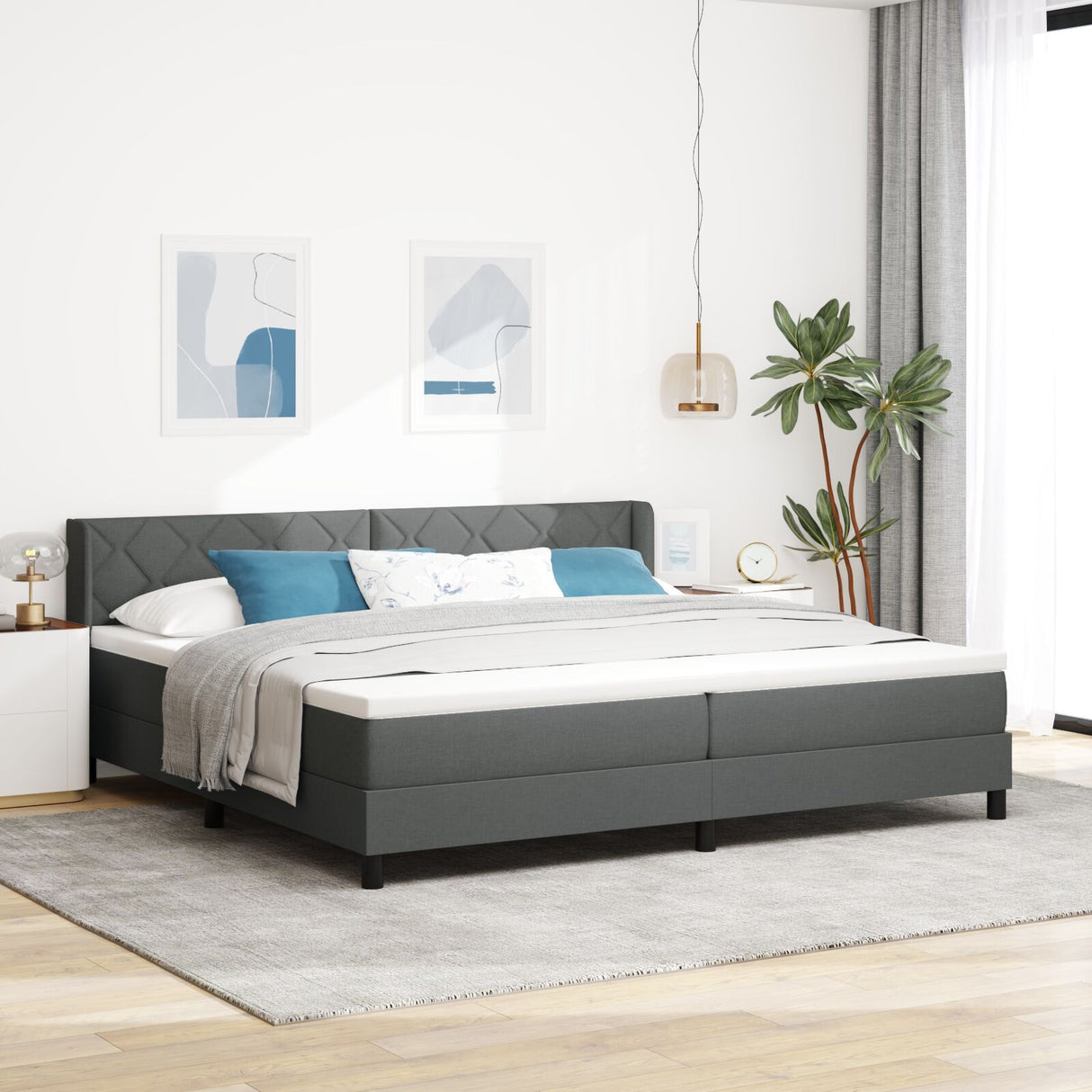 Box Spring Bed With Mattress Dark Grey 200X200 Cm Fabric, Headboard Diamond Blocks Design Dark Grey 200 Cm Fabric