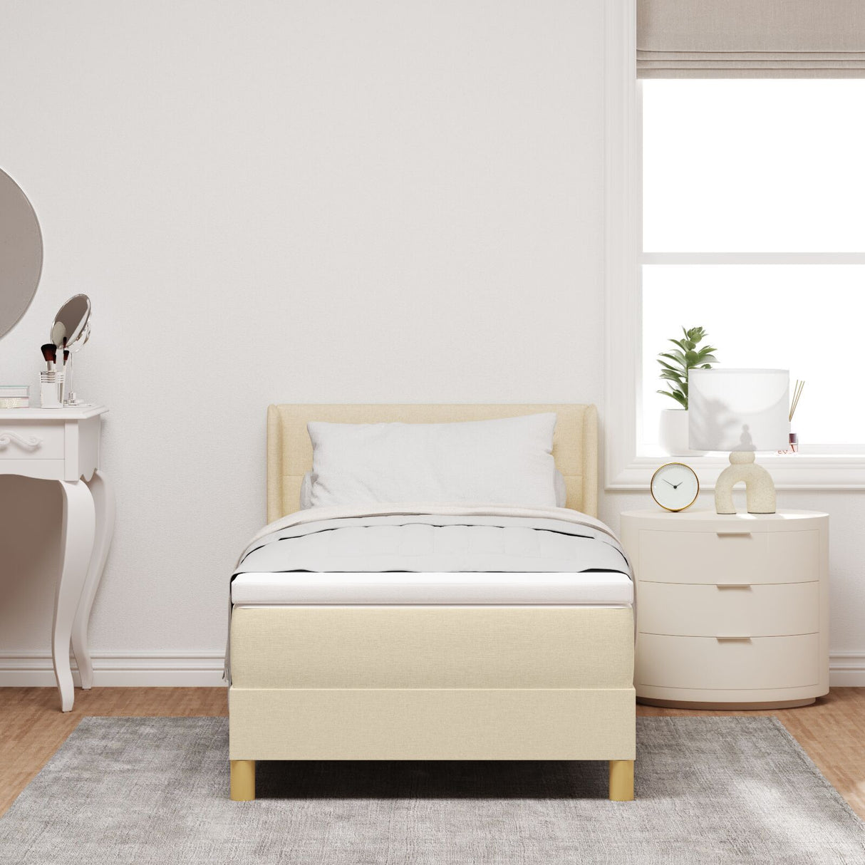 Box Spring Bed With Mattress Cream 90X200 Cm Fabric, Headboard Button Tufted Cream 90 Cm Fabric