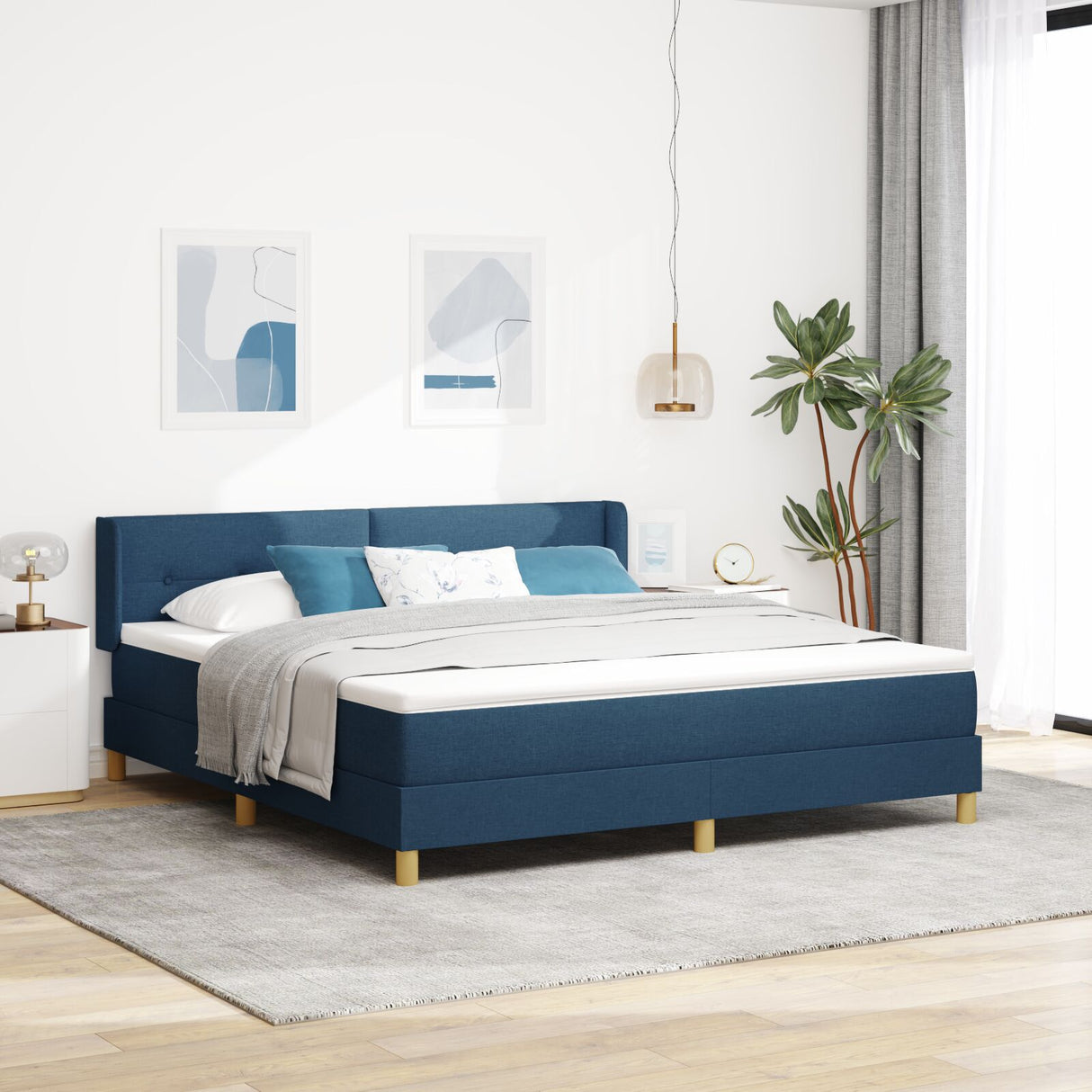 Box Spring Bed With Mattress Blue 180X200 Cm Fabric, Headboard Button Tufted Blue 180 Cm Fabric