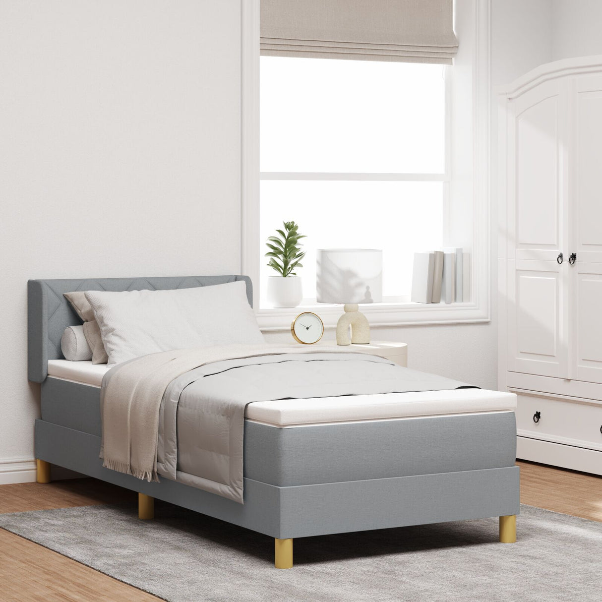 Box Spring Bed With Mattress Light Grey 90X200 Cm Fabric, Headboard Diamond Blocks Design Light Grey 90 Cm Fabric