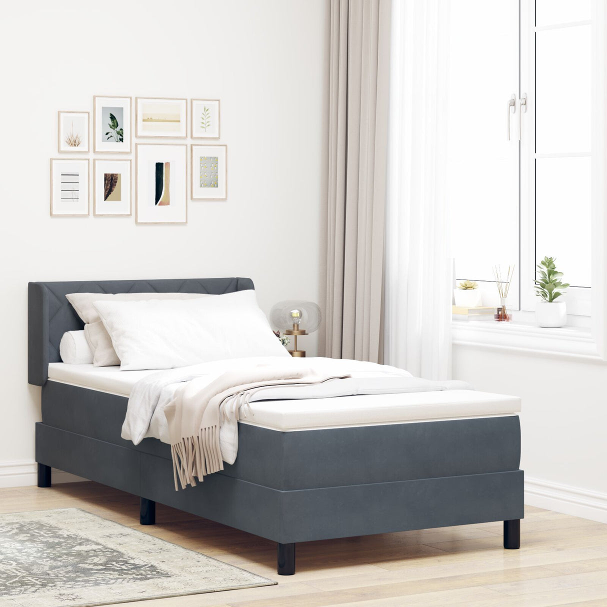 Box Spring Bed With Mattress Dark Grey 90X200 Cm Velvet