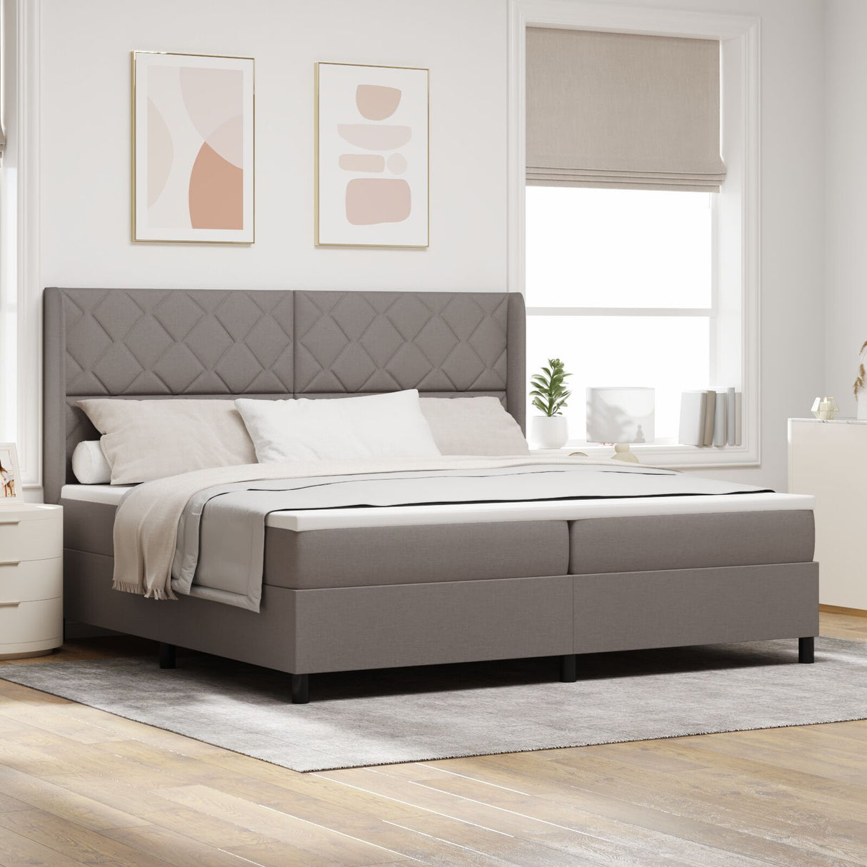 Box Spring Bed With Mattress - Taupe, 200X200 Cm, Fabric