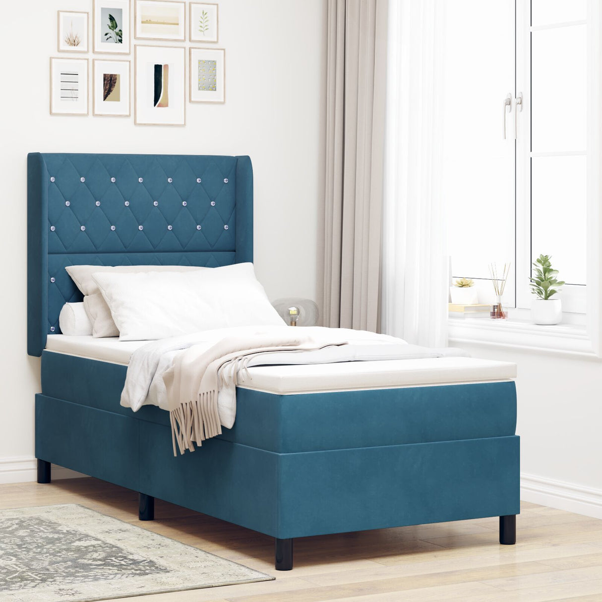 Box Spring Bed With Mattress Dark Blue 100X200 Cm Velvet