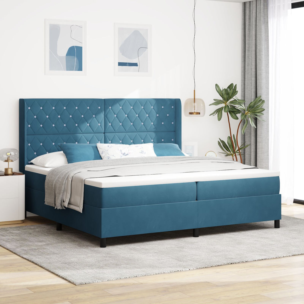 Box Spring Bed With Mattress Dark Blue 200X200 Cm Velvet