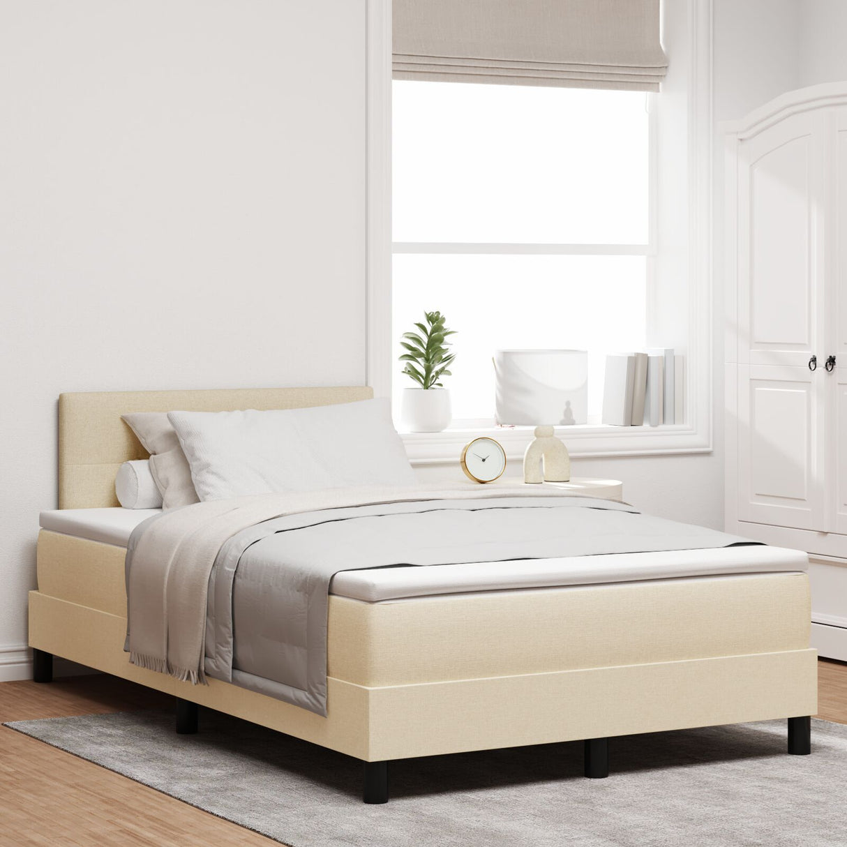 Box Spring Bed With Mattress & Led Cream 120X190 Cm Fabric