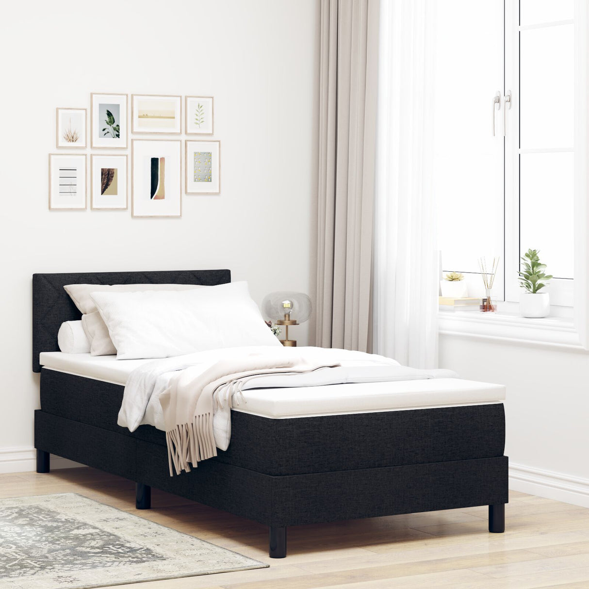 Box Spring Bed With Mattress & Led Black 90X190 Cm Fabric