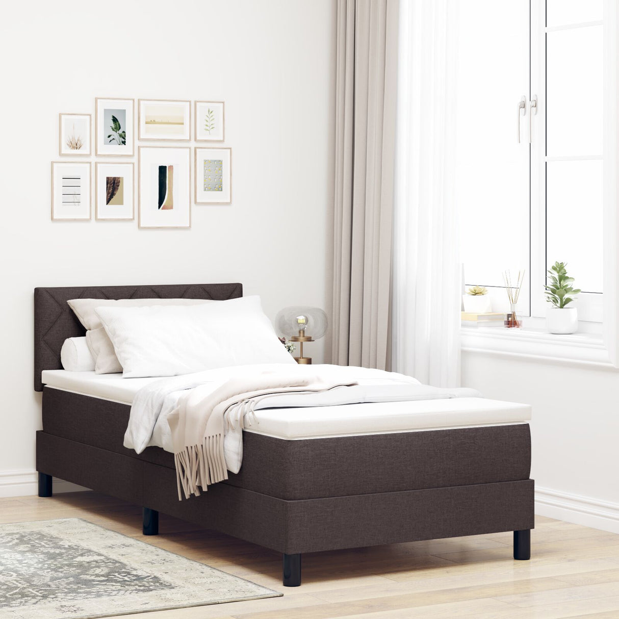 Box Spring Bed With Mattress & Led Dark Brown 90X190 Cm Fabric