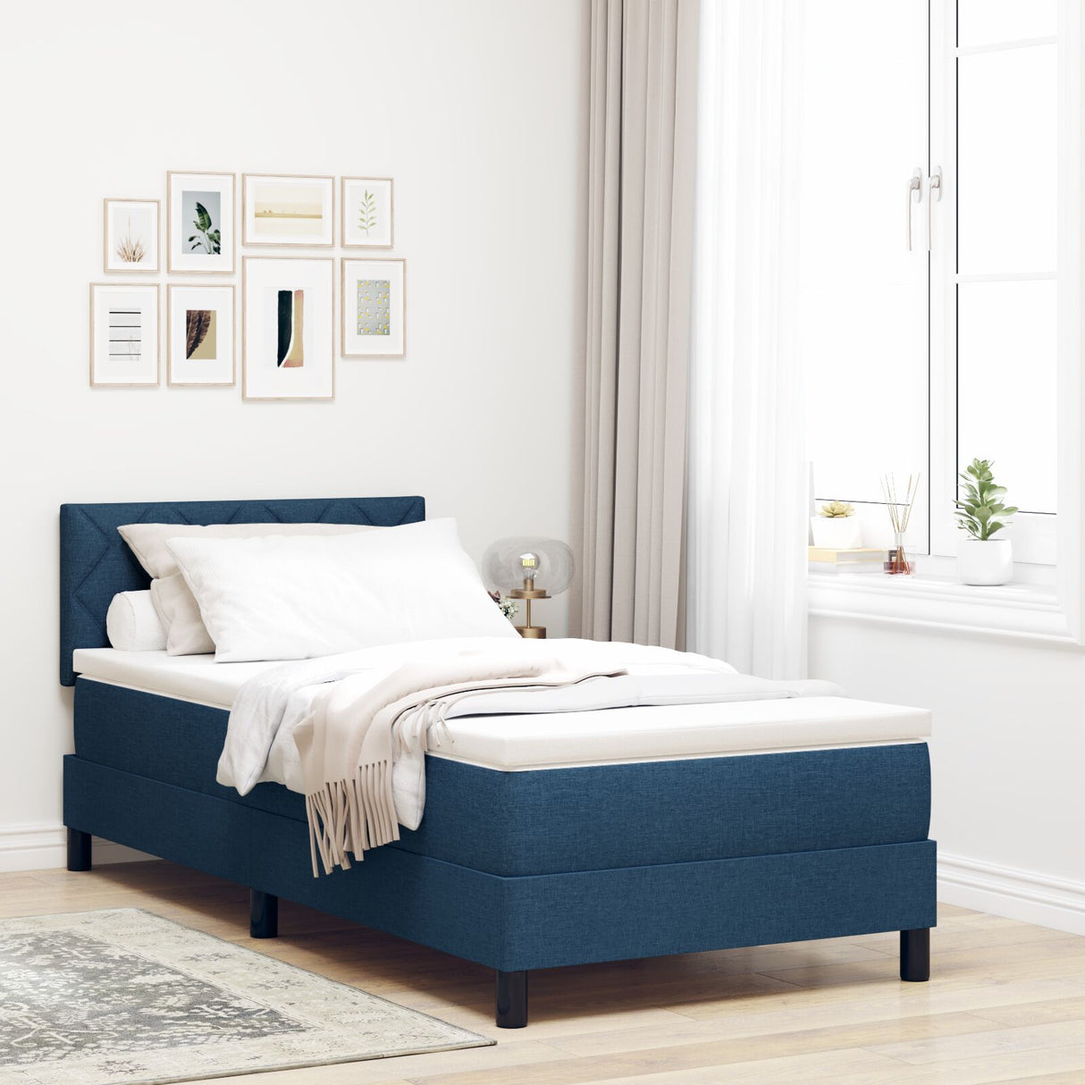 Box Spring Bed With Mattress & Led Blue 90X190 Cm Fabric