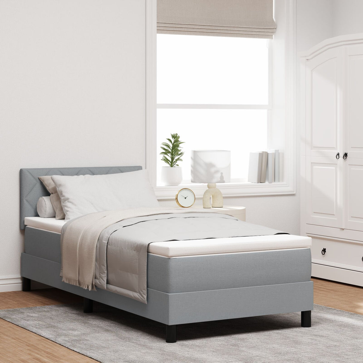 Box Spring Bed With Mattress & Led Light Grey 90X200 Cm Fabric