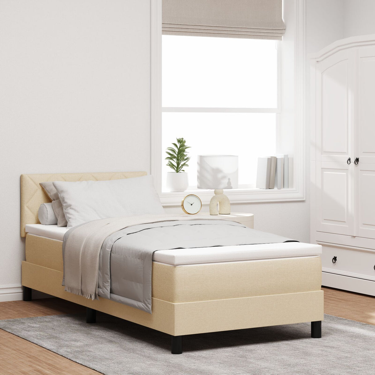 Box Spring Bed With Mattress & Led Cream 100X200 Cm Fabric