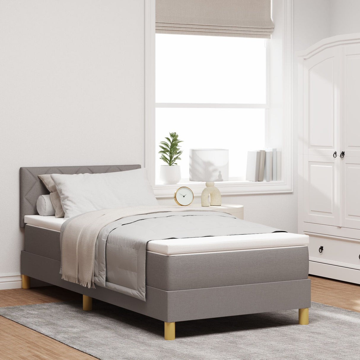 Box Spring Bed With Mattress & Led Taupe 90X190 Cm Fabric