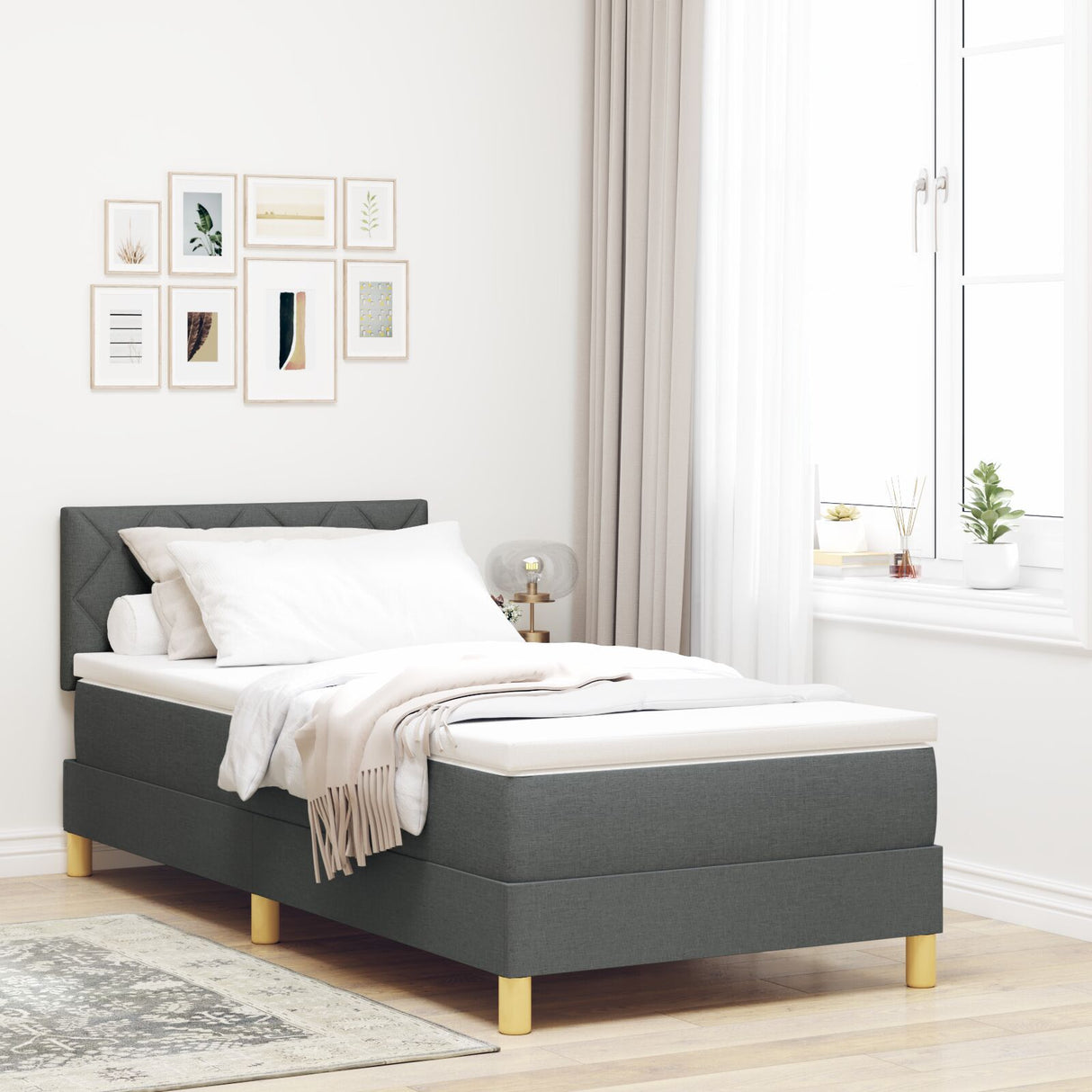Box Spring Bed With Mattress & Led Dark Grey 90X200 Cm Fabric